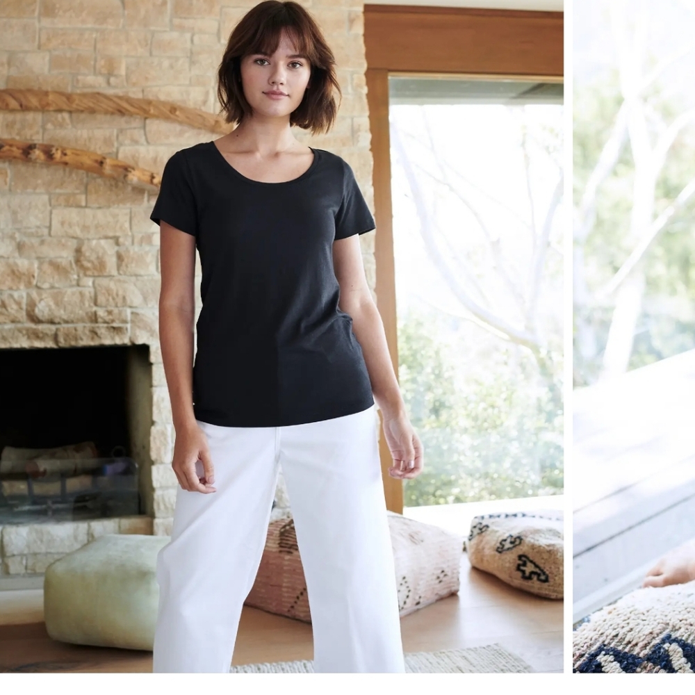 Quince Set Of 3 Cotton Modal Scoop Neck Tees, White, Black & Olive